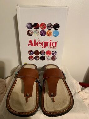 Alegria Brown Leather Thong Sandals with Turquoise Accent